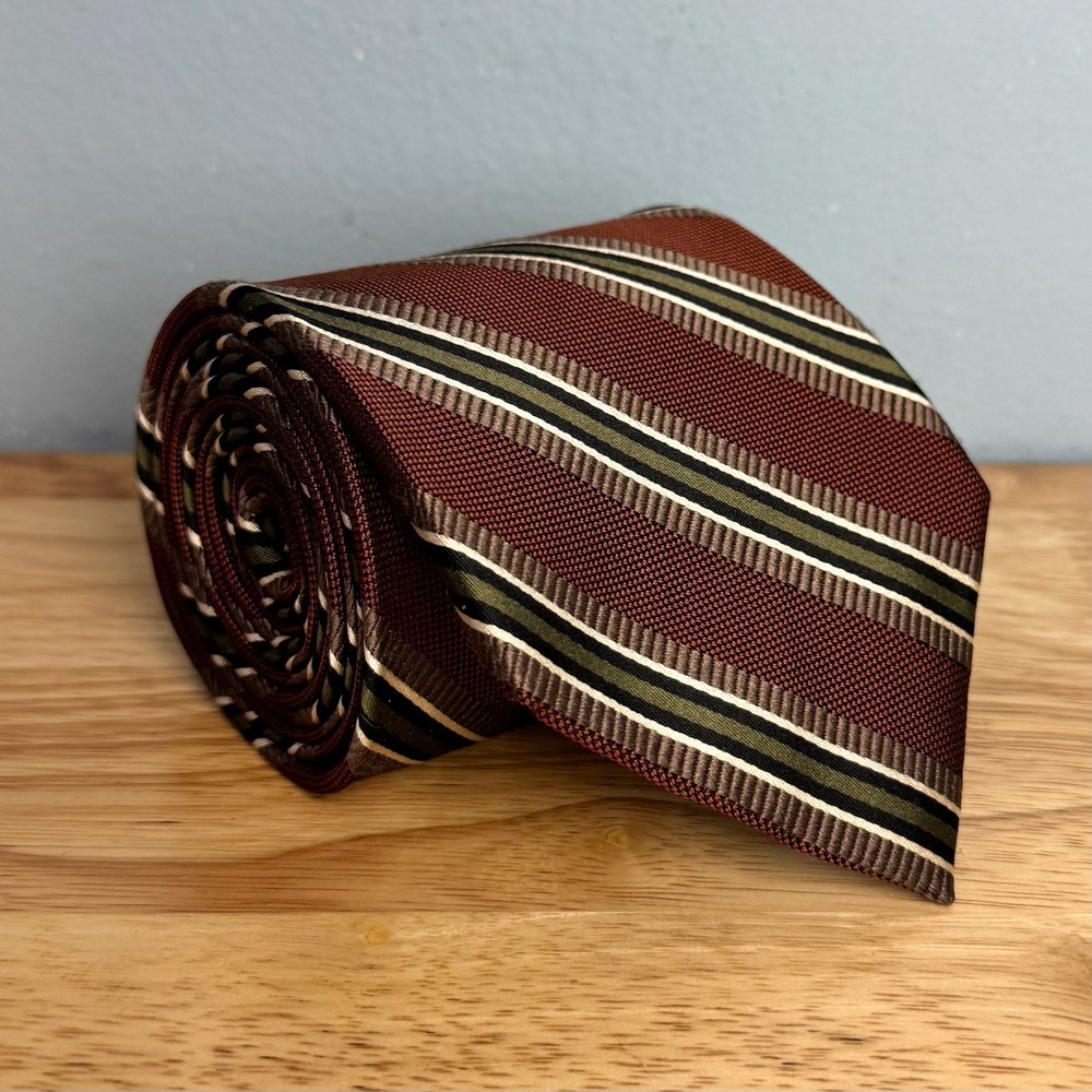Jos A Bank Signature 3.5" Brown Green Diagonal Repp Striped Silk Classic Necktie